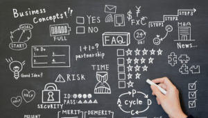 黒板にビジネスの知識をチョークで書く